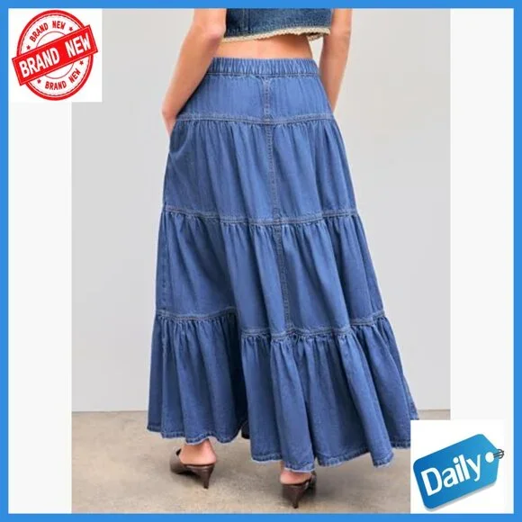 Denim Maxi Skirt High Waist Tiered Button Down Casual